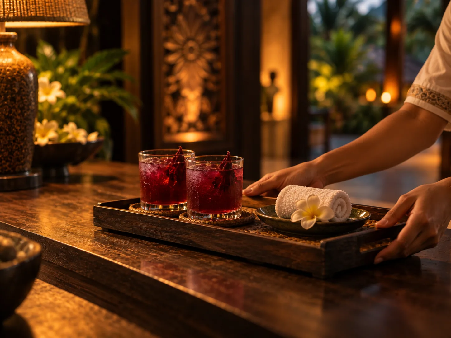 A welcome tray on a wooden counter: two hibiscus drinks, a cool towel and a frangipani flower