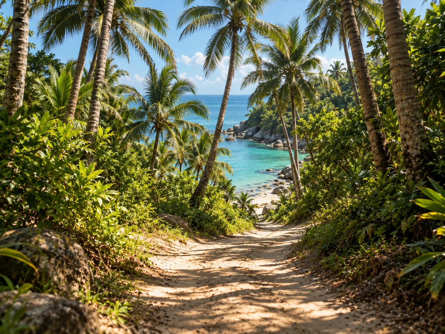 A sandy path running down between the coconut palms to an empty turquoise cove
