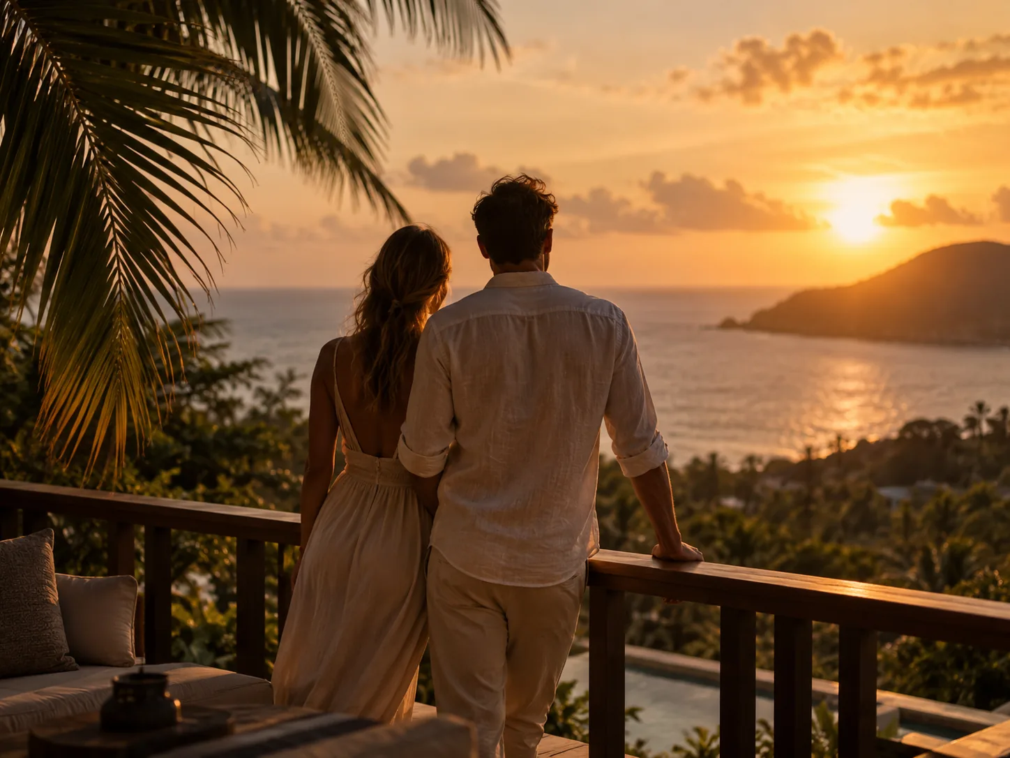 A couple seen from behind on a terrace, facing the sea at sunset