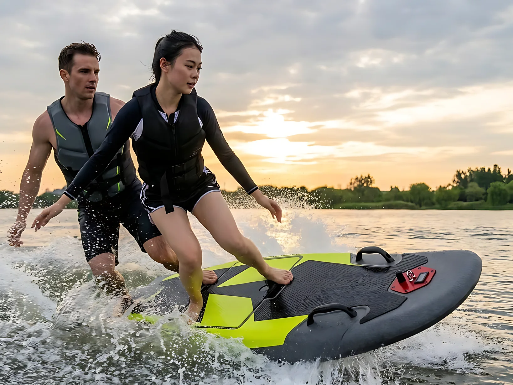 Deux personnes debout sur une planche de surf électrique lancée sur l'eau, au coucher du soleil