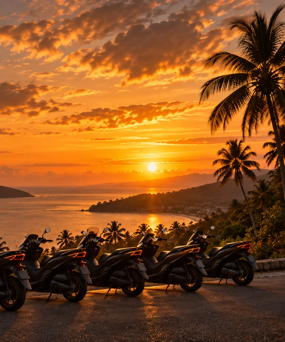 Scooters alignés à un point de vue de Koh Samui au coucher du soleil