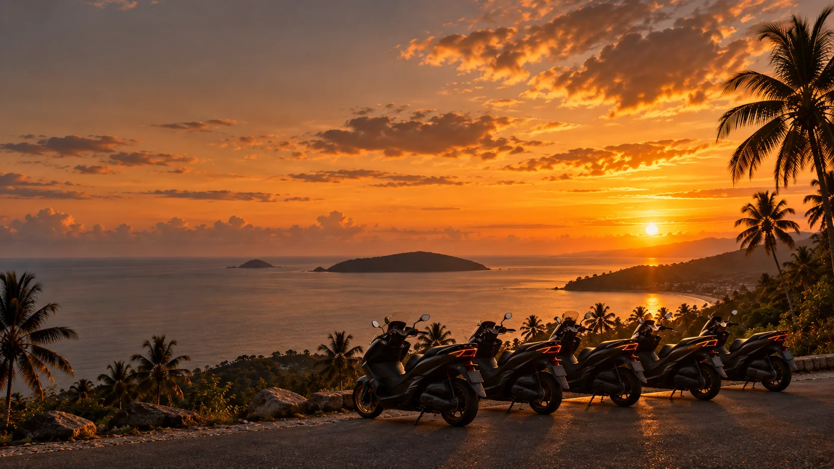 Scooters alignés à un point de vue de Koh Samui, face à la mer, au coucher du soleil